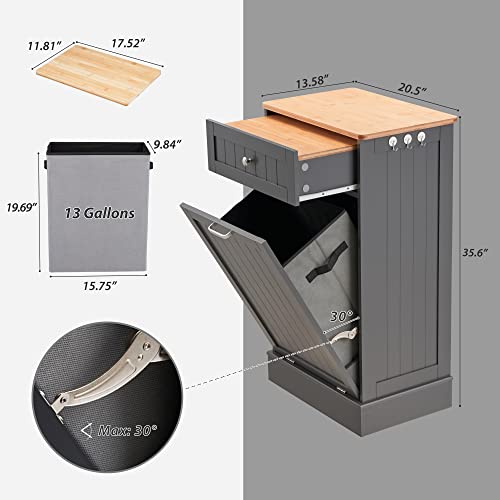 Spurgehom 10 Gallon Tilt Out Trash Cabinet Kitchen Waste Bins,Free Standing Laundry Hamper with Hideaway Drawer Wooden Bamboo Cutting Board Storage Bag,Pet Proof Trash Can for Living Room (Grey)