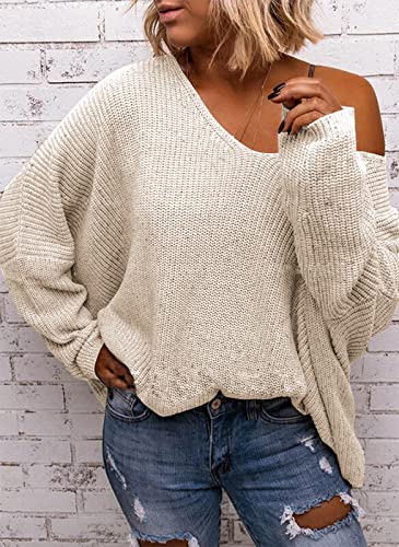 BZB Women's V Neck Long Sleeve Knit Loose Oversized Pullover Sweater Top