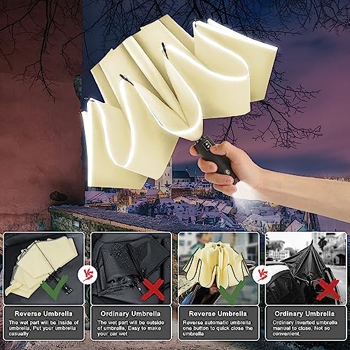 Lejorain Inside Out Umbrella Folding - Inverted LED Umbrella Automatic Open and Close - Women Rain Umbrella Reverse Folding