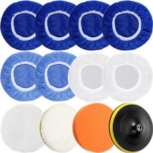 12 Pcs 7 Inch Polishing Pads Kit, Include Wool Polishing Buffing Pads, 9 Pcs Buffer Bonnets 4 Polyester Brocade 3 Woolen 2 Coral Fleece, Foam Sponge Pad, Drill Buffer Attachment with M14 Drill Adapter