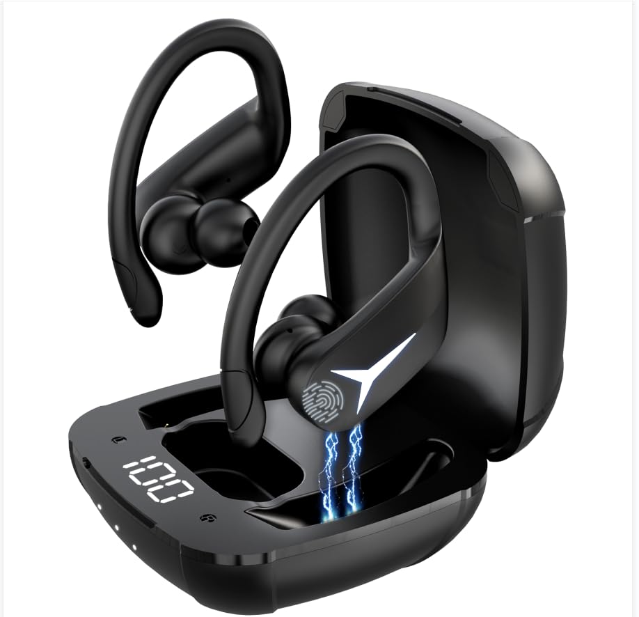 USBERG Wireless Earbuds for Sports, Dual Microphone Bluetooth Headphone, IPX5 Waterproof Headset, Black with USB-C Charging Case - Ideal for Running and Workouts