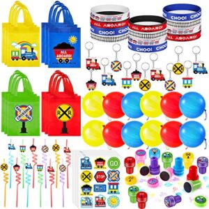 228 pcs train party favors train birthday party supplies train non woven bags plastic straws punch balloons stamps stickers train silicone wristbands for boy kids train birthday party supplies