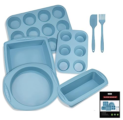 Hansanti 7in1 Silicone Bakeware Baking Set, Kitchen Bake Pans Molds Tray for Oven with BPA Free Round/Square Cake Pan, Loaf Pan, Muffin Pan for Bread Pizza Cheesecake Cupcake Pie Desserts