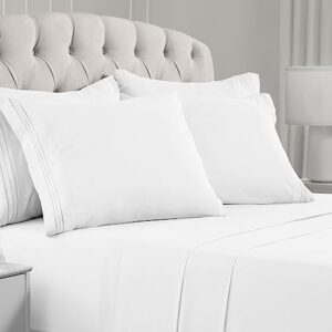 mellanni queen sheet set - 6 piece iconic collection bedding sheets & pillowcases - hotel luxury, ultra soft, cooling bed sheets - deep pocket up to 16 inch - 6 pc (queen, white w/extra pillow cases)