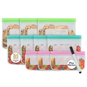 bssential reusable food silicone storage bags with marker included - 10 pack (3 reusable gallon bags + 4 leakproof reusable sandwich bags + 3 food grade snack bags) dishwasher safe, leakproof sandwich bags, bags for lunch, food containers & travel essenti