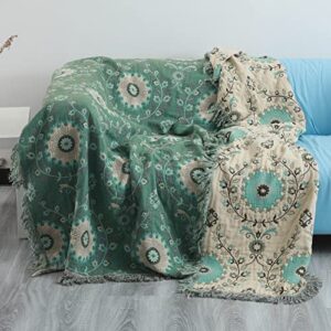 skrmisda bohemian throw blanket, boho blankets 90x98 inch king cotton reversible ultra soft light quilt comfy cozy bedding coverlet sofa throw(green+beige)