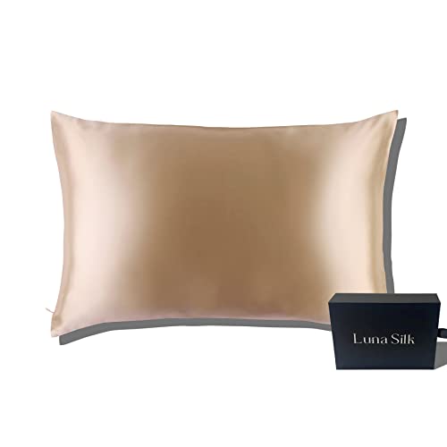 LUNASILK Silk Pillowcase, Luxurious 22 MM Mulberry Silk Pillowcase for Hair & Skin with Hidden Zipper, Caremel, 100% Real Silk, King, Acne-Free, Anti Aging