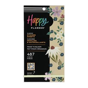 happy planner sticker pack for calendars, journals, and planners, multicolored scrapbook accessories, made to bloom theme, classic size, 30 sheets, 487 total stickers