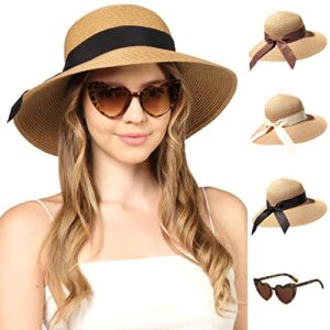 Funcredible Beach Hats for Women - Panama Straw Sun Hat with Heart Shape Glasses - Summer Fedora Roll Up Packable Travel Hat UV Protection UPF 50+ (Khaki)