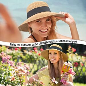Funcredible Beach Hats for Women - Panama Straw Sun Hat with Heart Shape Glasses - Summer Fedora Roll Up Packable Travel Hat UV Protection UPF 50+ (Khaki)