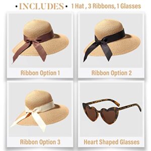 Funcredible Beach Hats for Women - Panama Straw Sun Hat with Heart Shape Glasses - Summer Fedora Roll Up Packable Travel Hat UV Protection UPF 50+ (Khaki)