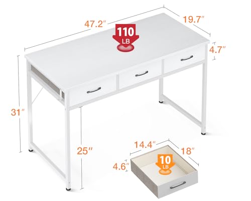 ODK 48 Inch Computer Desk with 3 Fabric Drawers, Home Office Desks with Storage, Modern Work Desk for Bedroom, Writing Study Table, White