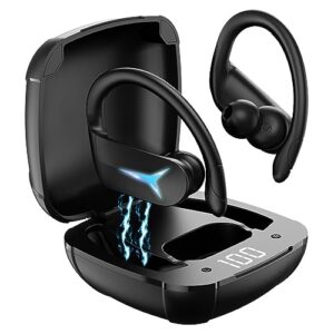 usberg bluetooth headphones for sports with mic, ipx5 waterproof wireless earbuds with charging box,digital display, 40hrs playtime workout headset with hooks.