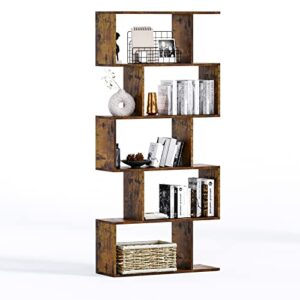chf dpt 5-tier geometric bookcase, brown wooden modern bookshelf with large capacity, freestanding decorative tall bookcase shelving for bedroom living room, s shaped bookshelf with particleboard