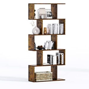 CHF DPT 5-Tier Geometric Bookcase, Brown Wooden Modern Bookshelf with Large Capacity, Freestanding Decorative Tall Bookcase Shelving for Bedroom Living Room, S Shaped Bookshelf with Particleboard