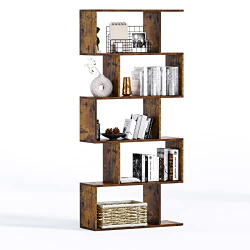 CHF DPT 5-Tier Geometric Bookcase, Brown Wooden Modern Bookshelf with Large Capacity, Freestanding Decorative Tall Bookcase Shelving for Bedroom Living Room, S Shaped Bookshelf with Particleboard