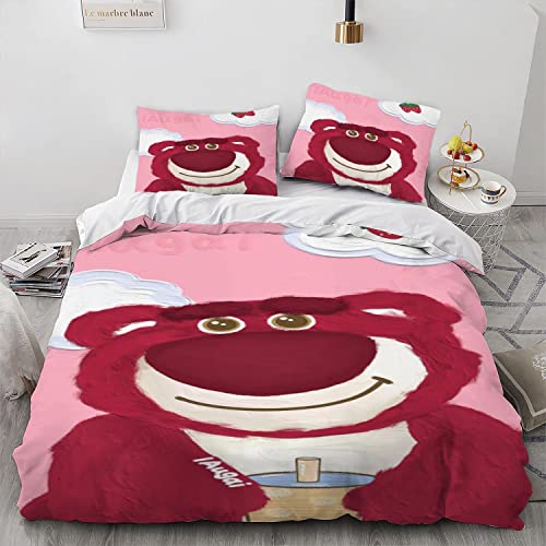 AKARDO Toys Anime Strawberry Lotso Bear Duvet Covers, Soft Microfiber Washed Duvet Cover Set 3 Pieces with Zipper Closure,Beding Set (04,Queen (90"x90"))