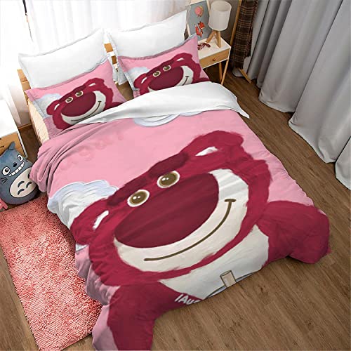 AKARDO Toys Anime Strawberry Lotso Bear Duvet Covers, Soft Microfiber Washed Duvet Cover Set 3 Pieces with Zipper Closure,Beding Set (04,Queen (90"x90"))