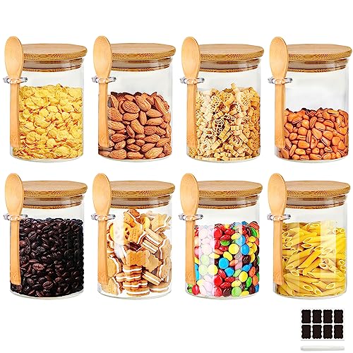 Airtight Glass Jars with Bamboo Lid & Spoons, 8Oz Glass Food Storage Containers, Overnight Oats Containers with Lids, Decorative Kitchen Jars for Coffee, Storage, Dry, Cookie, Candy, Tea. (8PCS)