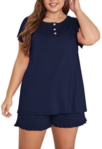 celkuser womens plus size cute short pajama set ruffle sleeve button sleepwear soft pjs with pocket cel1002(cel1002,5xl,navy)