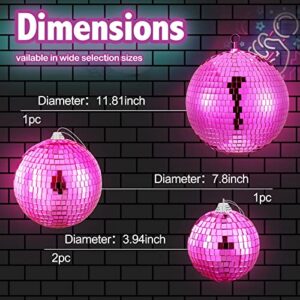 4 Pcs Large Pink Disco Ball Mirror Disco Ball 70s Mellow Pink Disco Ball Hanging Disco Ball Stage Lightning Effect Ball for 70s Theme Party DJ Stage Props Wedding Birthday Decoration(8", 6", 4")