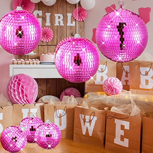 4 Pcs Large Pink Disco Ball Mirror Disco Ball 70s Mellow Pink Disco Ball Hanging Disco Ball Stage Lightning Effect Ball for 70s Theme Party DJ Stage Props Wedding Birthday Decoration(8", 6", 4")