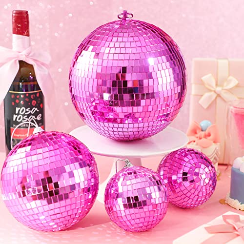 4 Pcs Large Pink Disco Ball Mirror Disco Ball 70s Mellow Pink Disco Ball Hanging Disco Ball Stage Lightning Effect Ball for 70s Theme Party DJ Stage Props Wedding Birthday Decoration(8", 6", 4")