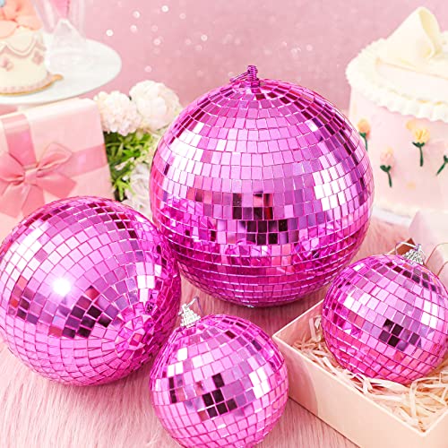 4 Pcs Large Pink Disco Ball Mirror Disco Ball 70s Mellow Pink Disco Ball Hanging Disco Ball Stage Lightning Effect Ball for 70s Theme Party DJ Stage Props Wedding Birthday Decoration(8", 6", 4")