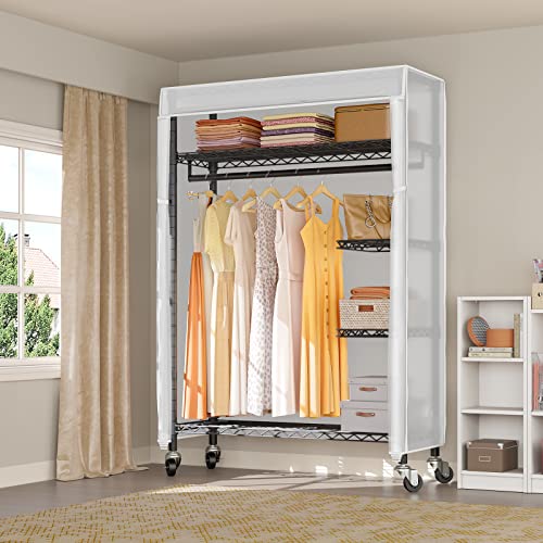 VIPEK V11C Wire Garment Rack Rolling Clothes Rack Heavy Duty Portable Closets with Lockable Wheels Adjustable Wardrobe Black Metal Clothing Rack with Frosted Translucent Cover, Max Load 452LBS