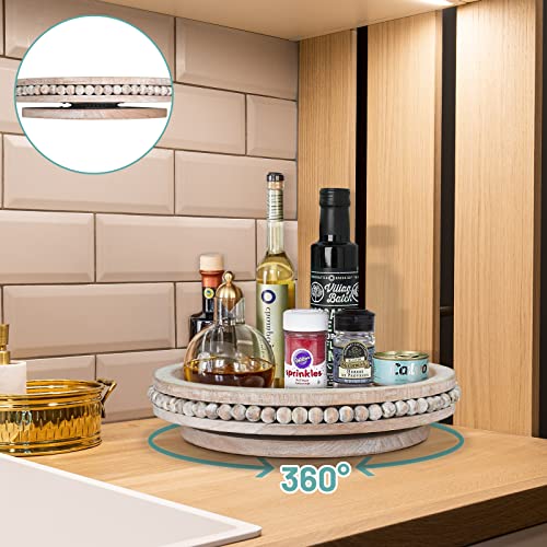 Farmhouse Lazy Susan Organizer for Cabinet,Decorative Tray Riser,Counter Lazy Susan Turntable Organizer with Beads,360 Degrees Rotating Display Stand for Spice Racks,Centerpiece Tray