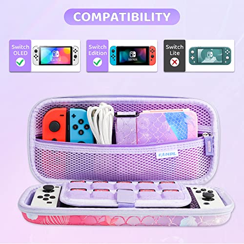 RHOTALL Carrying Case for Nintendo Switch & Switch OLED Cover, Hard Portable Travel Case for Switch Game Accessories with Purple Game Case and 2 Thumb Caps - Fish Tail