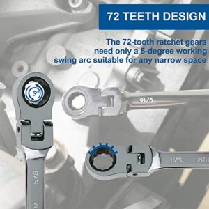 TR TOOLROCK 8pcs Flex-Head Ratcheting Wrench Set, SAE Ratcheting Combination Wrenches, Chrome Vanadium Steel, 72-Teeth Construction with Organizer Bag, 5/16" 3/8" 7/16" 1/2" 9/16" 5/8" 11/16" 3/4"