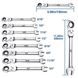 TR TOOLROCK 8pcs Flex-Head Ratcheting Wrench Set, SAE Ratcheting Combination Wrenches, Chrome Vanadium Steel, 72-Teeth Construction with Organizer Bag, 5/16" 3/8" 7/16" 1/2" 9/16" 5/8" 11/16" 3/4"