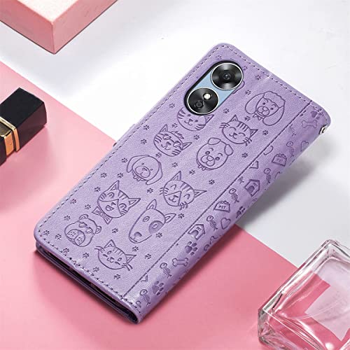 CCSmall for Oppo A17 PU Leather Flip Wallet Case, Cute Cat Dog Cartoon Style with Card Slots Holder Phone Cover Case for Oppo A17 MG Purple