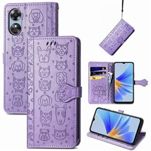 CCSmall for Oppo A17 PU Leather Flip Wallet Case, Cute Cat Dog Cartoon Style with Card Slots Holder Phone Cover Case for Oppo A17 MG Purple