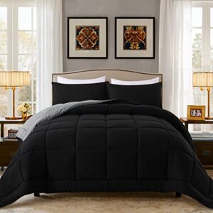 downcool queen comforter set -all season bedding comforters sets with 2 pillow cases-3 pieces bedding sets queen -down alternative black/grey queen size comforter sets(88"x90")