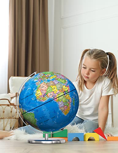 Waldauge 13" World Globe with Stand, Illuminated Educational Globes with HD Printed Map for Kids Classroom Learning, LED Globe Lamp with Stable Heavy Metal Base