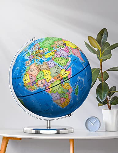 Waldauge 13" World Globe with Stand, Illuminated Educational Globes with HD Printed Map for Kids Classroom Learning, LED Globe Lamp with Stable Heavy Metal Base