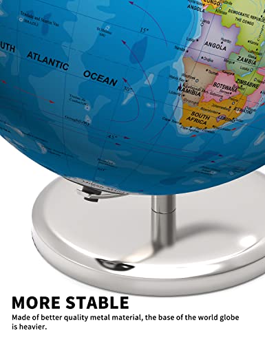 Waldauge 13" World Globe with Stand, Illuminated Educational Globes with HD Printed Map for Kids Classroom Learning, LED Globe Lamp with Stable Heavy Metal Base