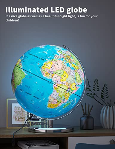 Waldauge 13" World Globe with Stand, Illuminated Educational Globes with HD Printed Map for Kids Classroom Learning, LED Globe Lamp with Stable Heavy Metal Base