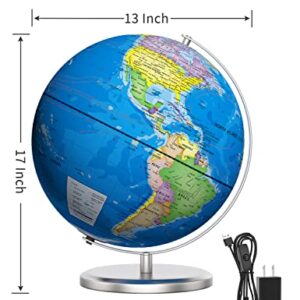 Waldauge 13" World Globe with Stand, Illuminated Educational Globes with HD Printed Map for Kids Classroom Learning, LED Globe Lamp with Stable Heavy Metal Base