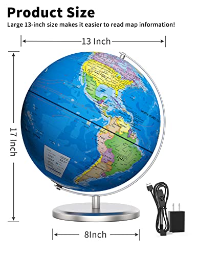 Waldauge 13" World Globe with Stand, Illuminated Educational Globes with HD Printed Map for Kids Classroom Learning, LED Globe Lamp with Stable Heavy Metal Base