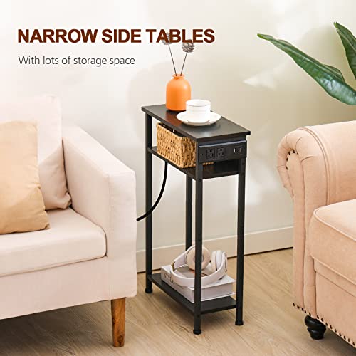 AMHANCIBLE Narrow Side Table with Charging Station, Slim Tables Set of 2, End Table for Small Spaces, 3 Tier Storage Shelf, USB Ports & Power Outlet, Metale Frame HETN03BK