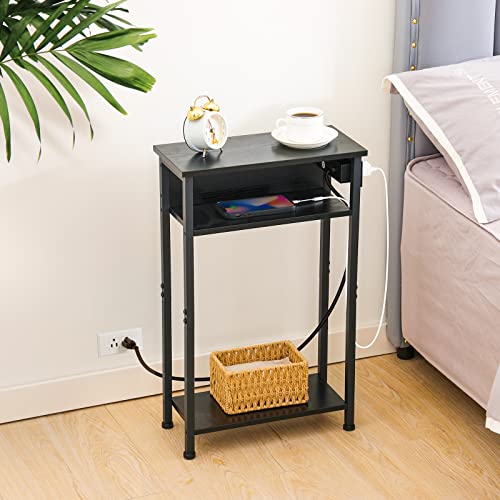 AMHANCIBLE Narrow Side Table with Charging Station, Slim Tables Set of 2, End Table for Small Spaces, 3 Tier Storage Shelf, USB Ports & Power Outlet, Metale Frame HETN03BK