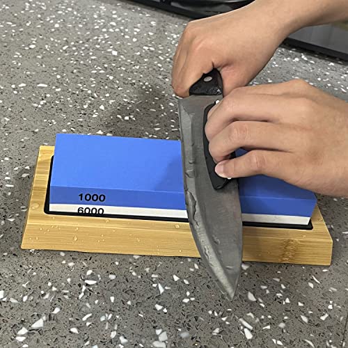 ZJNUO Whetstone Sharpening Stone Kit Dual Sided 1000/6000 Grit Professional Whetstone Knife Sharpener Stone Wet Stone Set Nonslip Rubber&Bamboo Base Angle Guide,and Fix Stone Blue/White