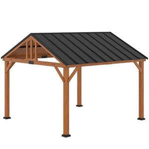 outsunny 11' x 12' hardtop gazebo with wooden frame and waterproof asphalt roof, permanent pavilion gazebo canopy, for garden, patio, backyard, deck, porch, brown
