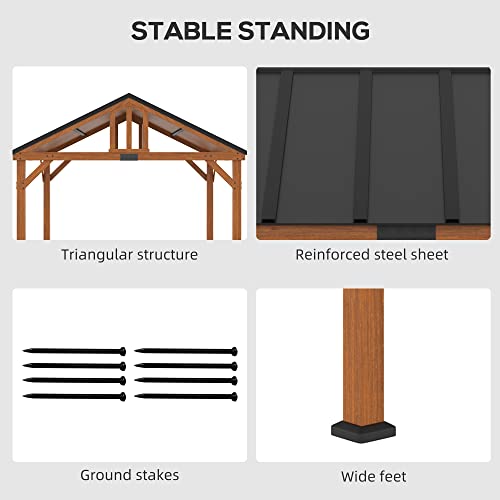 Outsunny 11' x 12' Hardtop Gazebo with Wooden Frame and Waterproof Asphalt Roof, Permanent Pavilion Gazebo Canopy, for Garden, Patio, Backyard, Deck, Porch, Brown