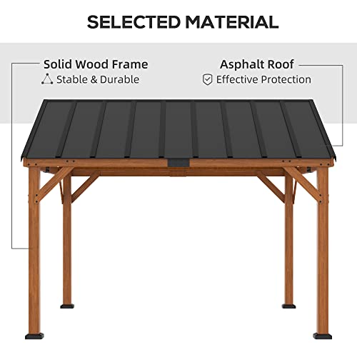 Outsunny 11' x 12' Hardtop Gazebo with Wooden Frame and Waterproof Asphalt Roof, Permanent Pavilion Gazebo Canopy, for Garden, Patio, Backyard, Deck, Porch, Brown