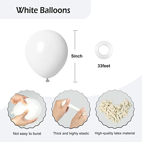 FOTIOMRG 120pcs 5 inch White Balloons, Small White Latex Party Balloons Helium Quality for Birthday Graduation Baby Shower Wedding Bridal Bachelorette Party Decorations (with White Ribbon)