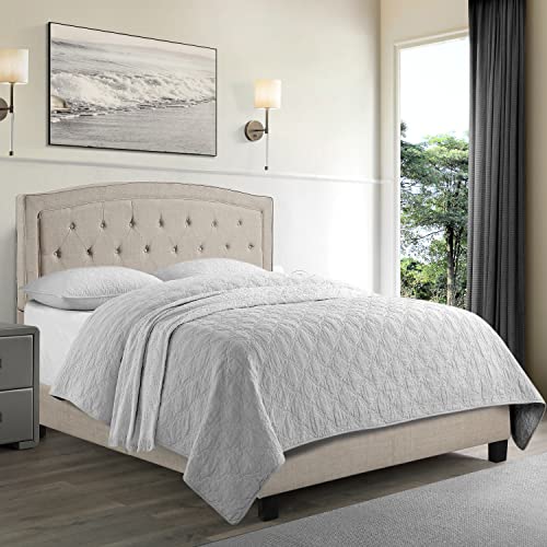 Rosevera Layla Panel Bed Frame with Adjustable Button-Tufted Headboard for Bedroom/Linen Upholstered/Wood Slat Support/Easy Assembly,Full,Linen Beige